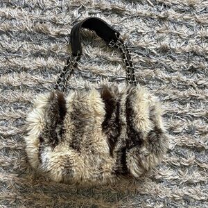 Fashion Express Faux Fur Shoulder Bag with Chain Handle, Silver Hardware